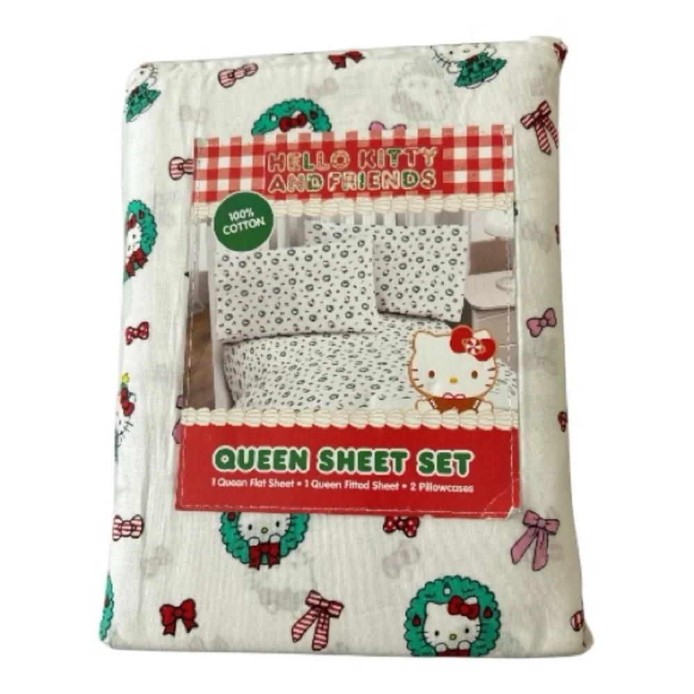 Sanrio Hello Kitty And Friends Queen Size Sheet Set Christmas Wreaths NEW